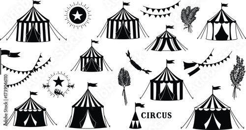 Circus tent silhouette, trapeze artist, feathers, bunting banner, vintage design, black vector, entertainment, retro fair, carnival icons