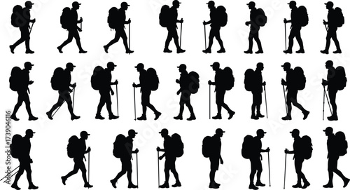 Silhouette walking sequence, backpack hiker with trekking poles, human gait motion cycle, outdoor adventure illustration, hiking animation frames, fitness exercise concept, black figure design