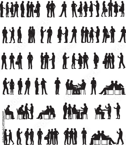 Diverse group of people silhouettes in various poses and interactions
