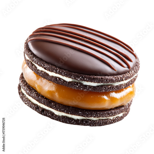 Chocolate alfajor biscuit with caramel filling closeup isolated on transparent background