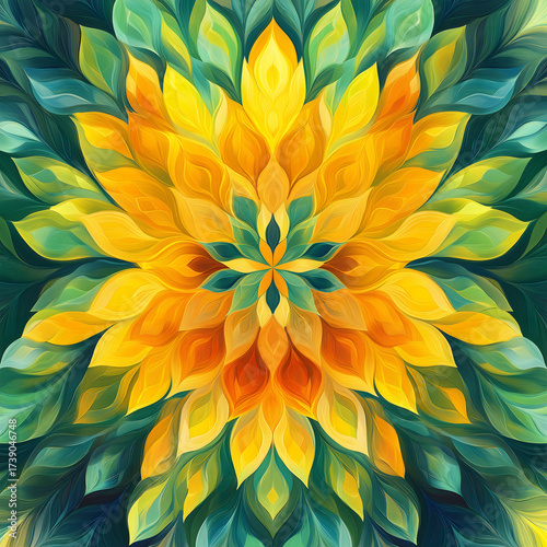 A radiant symphony of golden petals unfolds in an intricate kaleidoscope of fractal patterns, weaving nature’s artistry into mesmerizing optical illusions.