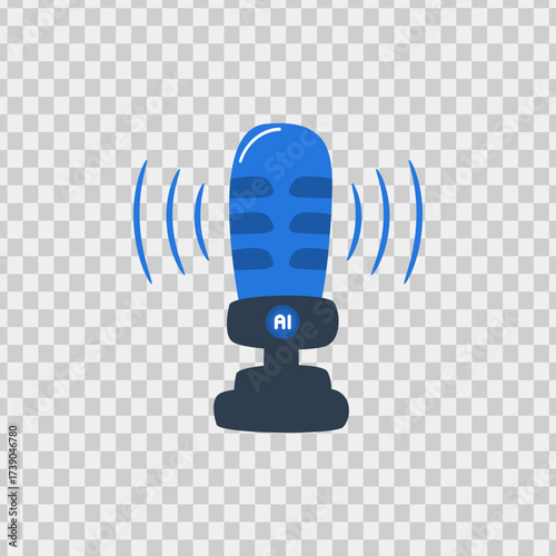 Blue ai microphone emitting sound waves suitable for technology and broadcasting concepts. Ideal for podcasting, voice recognition, and audio visuals.