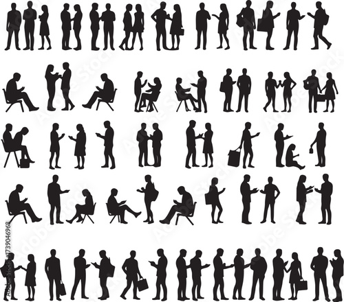 Diverse group of people silhouettes interacting and using devices