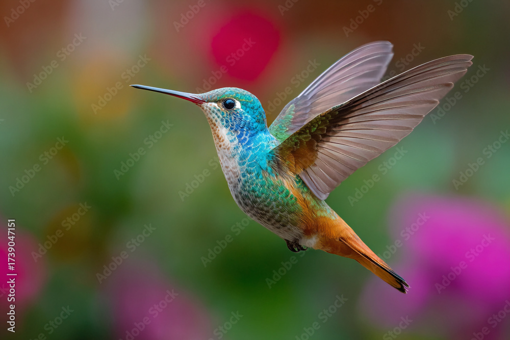 Fototapeta premium Vibrant hummingbird in flight, showcasing its colorful plumage against a blurred background of flowers