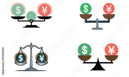 Dollar and yen currency balance scale business vector illustration
