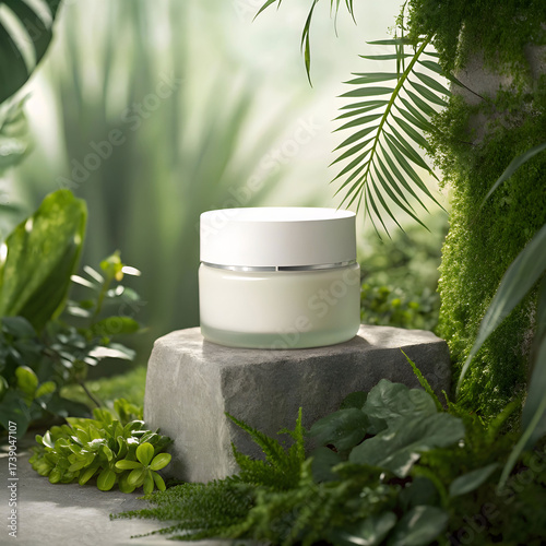 Elegant white cream jar on stone pedestal with greenery natural beauty product display