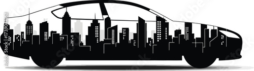 Car silhouette with city skyline inside, showcasing urban mobility and automotive design isolated on white background