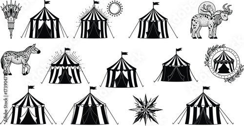 Circus tent silhouette, vintage torch, ram, horse, star emblem, carnival icons, black vector, entertainment, retro fair design