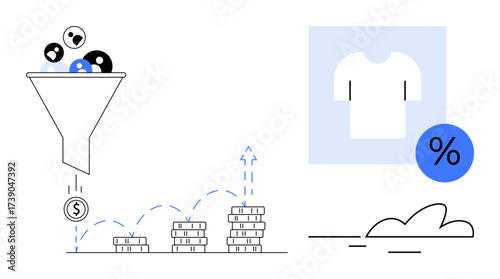 Funnel filtering customers into revenue, coins stacking towards growth, clothing article with discount sign. Ideal for marketing, e-commerce, sales, retail strategies, conversion, analytics simple