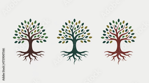 A minimalist illustration of three symmetrical trees with roots, arranged horizontally across the image.  