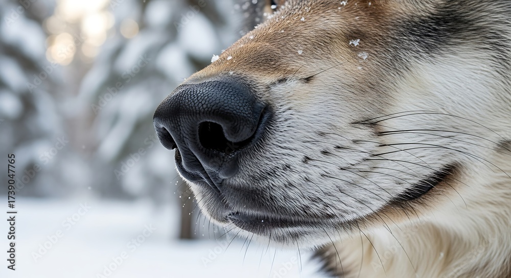 Naklejka premium Close-up of a wolf's wet black nose with snowflakes on fur in a snowy forest