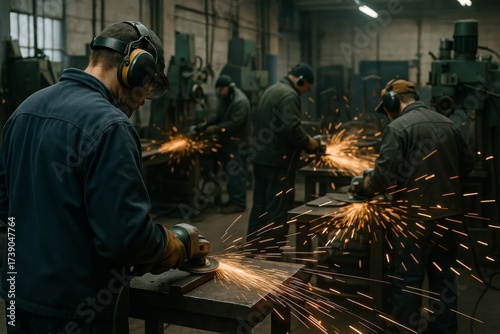 Skilled workers actively grind metal in a busy, industrial workshop. Sparks fly from tools, highlighting their dedicated craftsmanship.