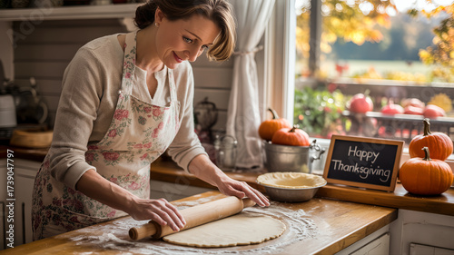 - Woman rolling dough, smiling, in Thanksgiving kitchen with pumpkins