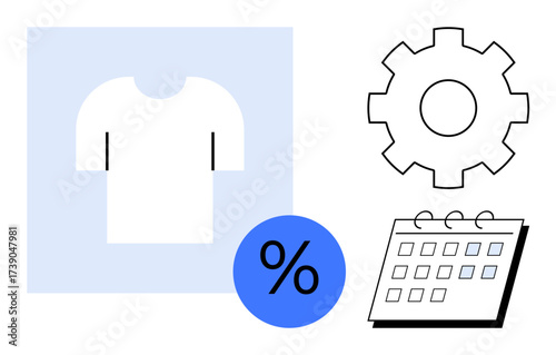T-shirt, blue percentage circle, gear, and calendar represent sale planning, product design, and marketing. Ideal for e-commerce, retail, discount strategy workflow fashion branding simple flat