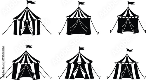 Circus tent silhouette, striped canvas, flag styles, black vector, vintage fair icons, entertainment design, retro theme, carnival layout