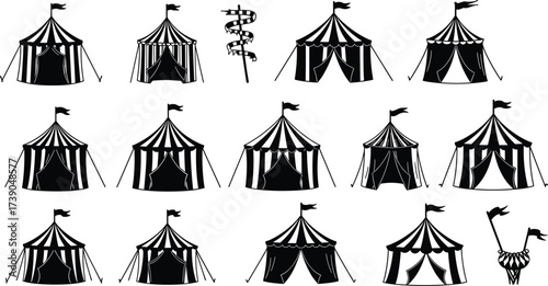 Circus tent silhouette, carnival pole, vintage fair icons, black vector, entertainment design, retro theme, flags, bunting, architecture
