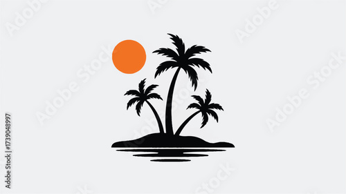 A minimalist vector illustration of three black silhouetted palm trees on a small brown island.  