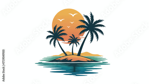 A minimalist vector illustration of three black silhouetted palm trees on a small brown island. 