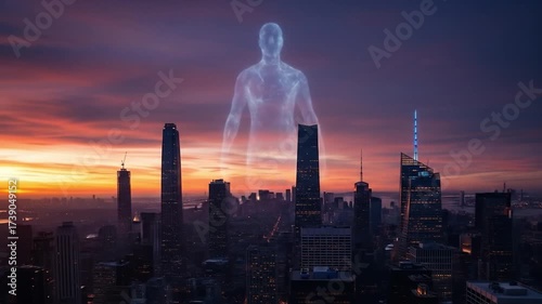 Giant Transparent Figure Over Cityscape at Sunset - A Digital Art.