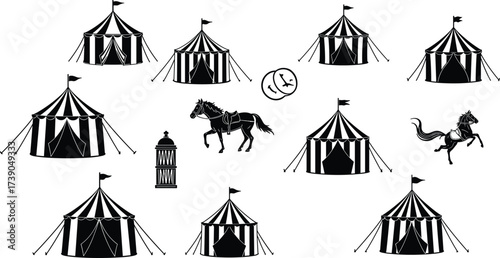 Circus tent silhouette, performing horses, theatrical masks, birdcage, vintage carnival icons, black vector, entertainment, retro fair design