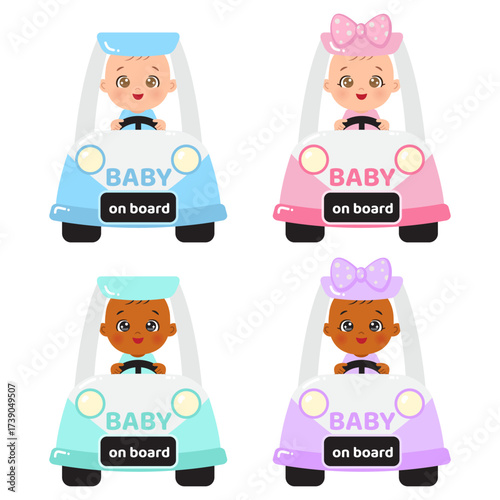 Cute baby boy and girl on board announcement clipart