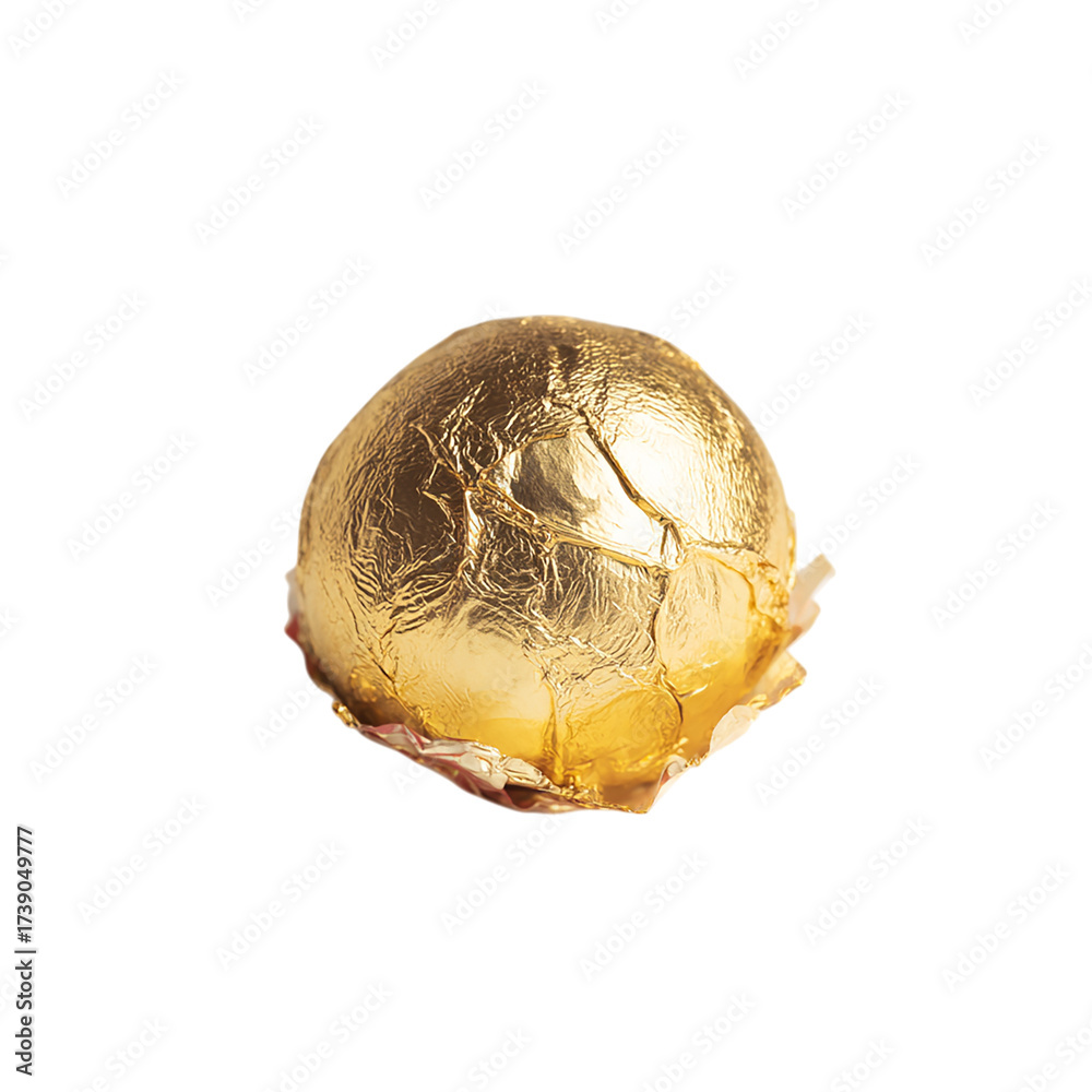 Obraz premium Chocolate ball candy in gold foil wrapper isolated on transparent background