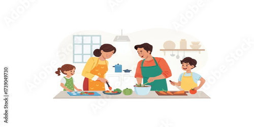 Vector family cooking together in kitchen flat style