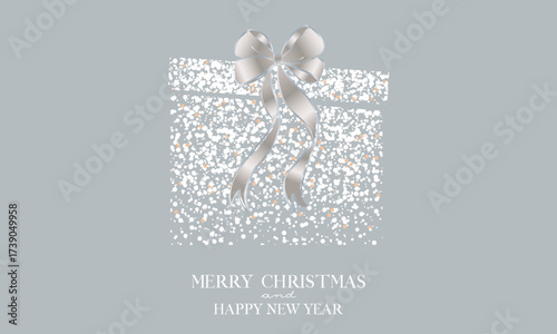 Christmas Card with Silver Glitter Gift Box. Vector Shiny Xmas Background Design with Silver Glitter Textured of Gift Box. Winter Holiday Template. Xmas Greeting Card Luxury Minimalist Style.