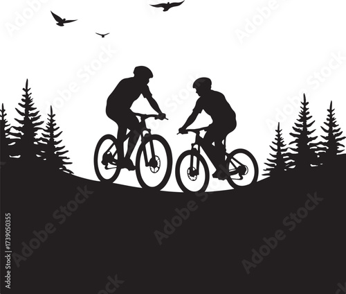 Two black silhouettes of cyclists on mountain bikes on a hill