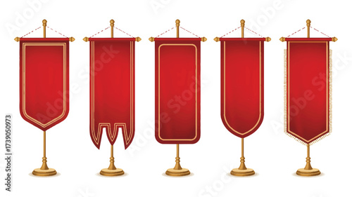 A set of five red vertical pennants with gold trim hanging from ornate golden poles on a white background. 