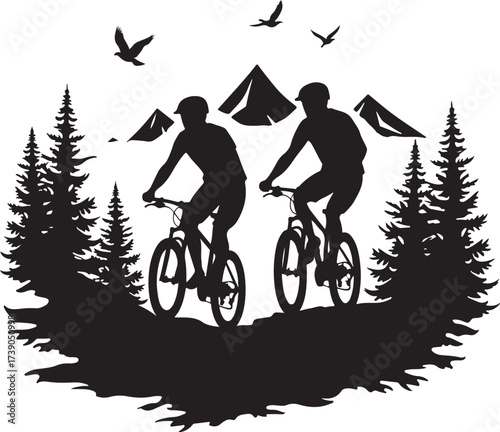 Two cyclists mountain biking in a forest with mountains and birds