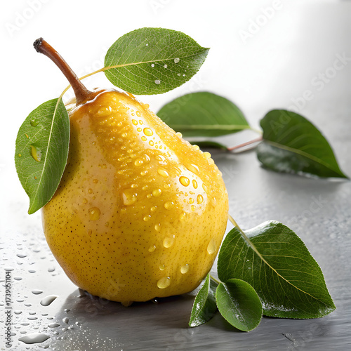 A juicy yellow pear with green leaves refreshing and sweet