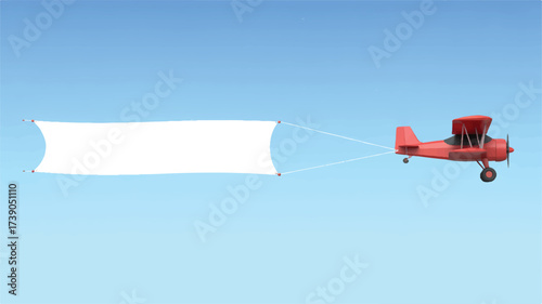 A simple 3D rendered illustration of a red single-engine airplane pulling a white banner across a light blue sky