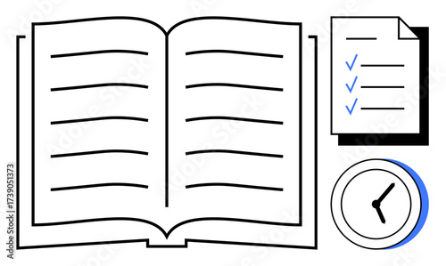 Open book with visible lines, checklist with marked items, and clock indicating themes of study, productivity, deadlines. Ideal for education, time management, organization, task planning focus