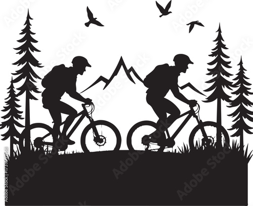 Two cyclists mountain biking with pine trees and mountains