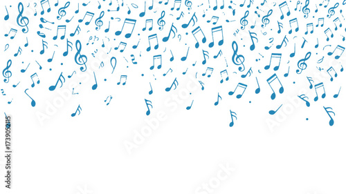 A white background with scattered blue musical notes falling from the top of the frame. 