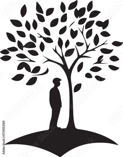 Silhouette of a solitary person standing beneath a large leafy tree on a small hill