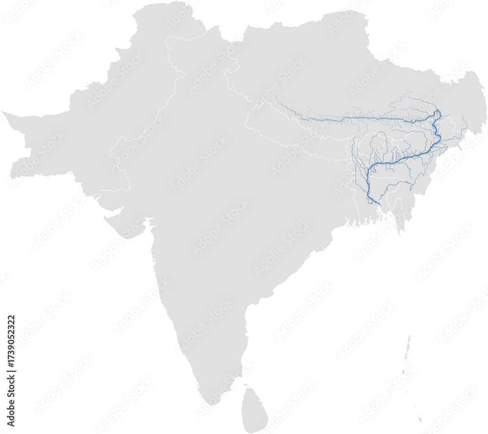Obraz premium Brahmaputra river system – rivers vector map of South Asia highlighting main stem and primary tributaries (Web Mercator, scaled by river size, PPT-compatible, multi-layered & fully editable)