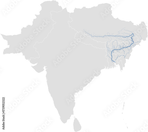 Brahmaputra river system – rivers vector map of South Asia highlighting main stem and primary tributaries (Web Mercator, scaled by river size, PPT-compatible, multi-layered & fully editable)