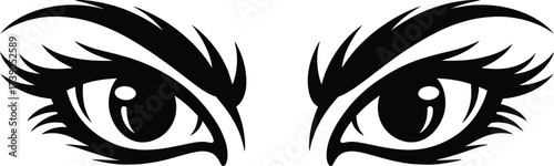 Intense Gaze Black and White Illustration of Piercing Eyes with Detailed Eyelashes and Brows Depicting Strong Emotion Focus on Vision Clarity and Inner Reflection Expressive Minimalist Design