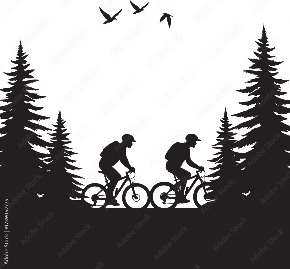 Obraz premium Two cyclists riding bicycles between pine trees silhouette