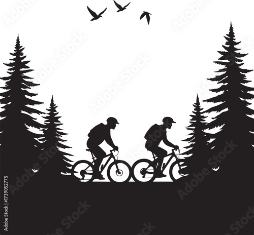 Two cyclists riding bicycles between pine trees silhouette