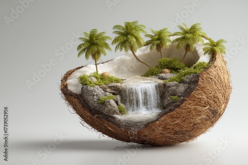 A diorama of a tropical island with miniature trees and waterfall inside a halved coconut shell