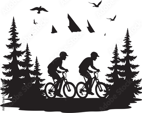 Two cyclists riding bicycles in a forest silhouette