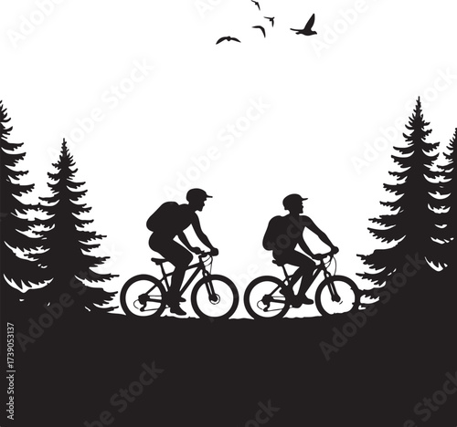 Two cyclists riding bicycles in a forest silhouette