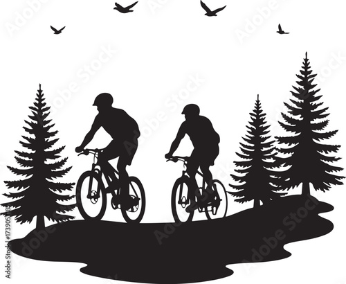 Two cyclists riding bicycles in a forest with birds flying