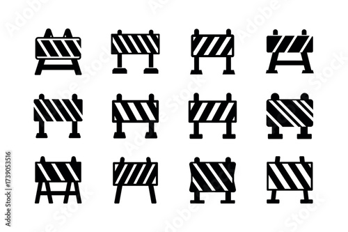 Construction Barrier Icon Vector Illustration – Roadblock and Safety Symbol Set for Traffic and Work Zone Design