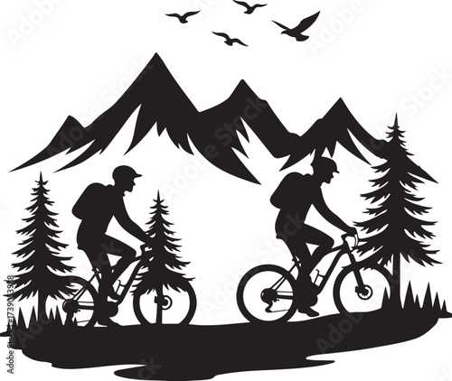 Two cyclists riding bicycles in a mountain landscape with trees and birds