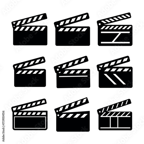 Clapperboard Icon Vector Illustration – Movie Film Slate Symbol Set for Cinema and Video Design