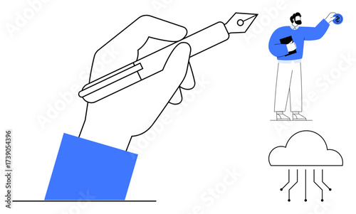 Hand holding fountain pen, professional holding data sphere, tech-inspired cloud, and connectors. Ideal for creativity, tech innovation, data sharing, teamwork, cloud solutions content creation